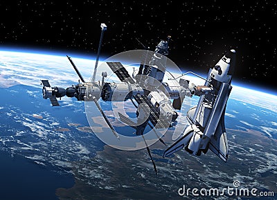 Space Shuttle And Space Station In Space Stock Photo