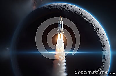 Space shuttle taking off on a mission. Spaceship on moon background Stock Photo