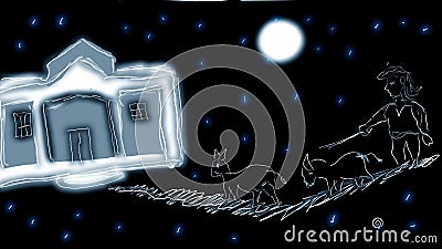 Space Side House With Man And Animals Going Pathway On Moonlight Background Stock Photo