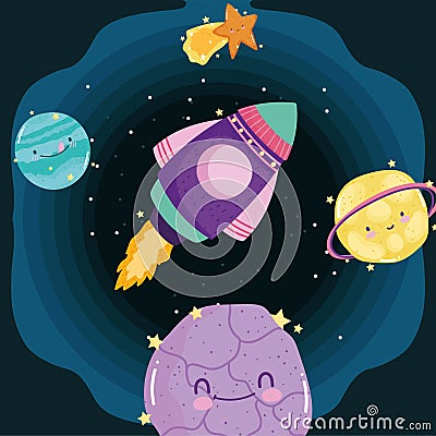 Space solar system planets star spaceship adventure cute cartoon Vector Illustration