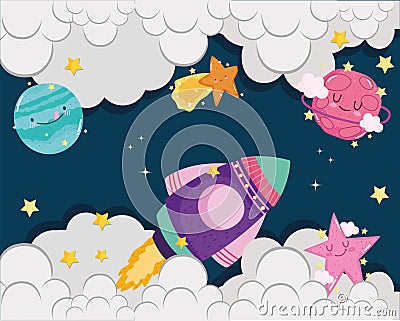 Space spaceship shooting star planets clouds sky adventure cute cartoon Vector Illustration