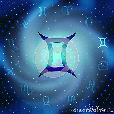 Space spiral with astrological Gemini symbol Vector Illustration