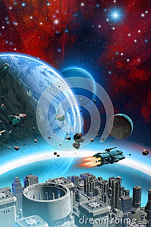 Space station on alien planetary system, 3d illustration Cartoon Illustration