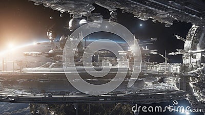 space station being built in space, a giant ringed planet in the background Stock Photo
