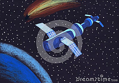 The space station flies to the orbit of the planet. Children`s drawing Stock Photo