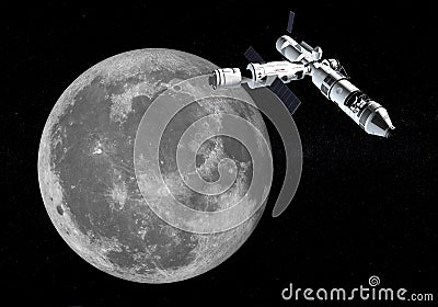 Space station and moon on the dark sky with stars Stock Photo