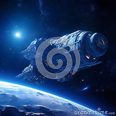 a space station orbiting a blue giant star its inhabitants stud Stock Photo