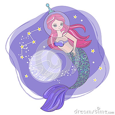 SPACE SYREN Cartoon Cosmos Mermaid Vector Illustration Set Stock Photo