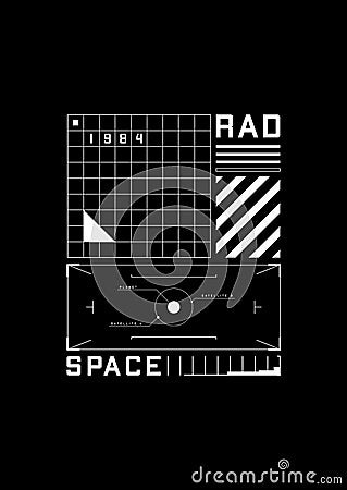 Space 1984 t-shirt and apparel design with the 1980s space aesthetics retro-future. Retrofuturistic HUD interface, grids Vector Illustration