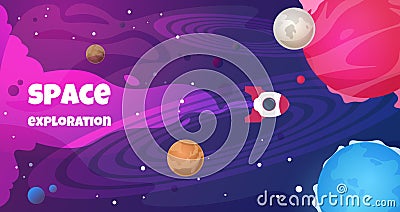 Space text background. Future galaxy shape science cartoon travel banner trip planet decoration. Vector cosmos flyer Vector Illustration