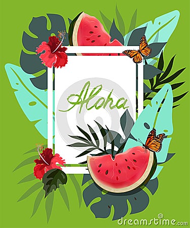 Space for text among watermelons, tropical leaves, butterflies, vector image Stock Photo