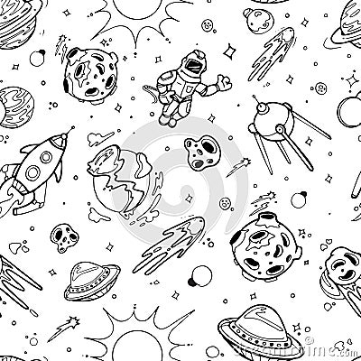 Space texture with planets, stars, spaceships. vector seamless doodle pattern Vector Illustration
