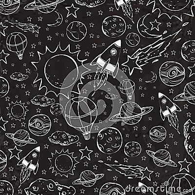 Space Theme Doodle, White on Black Vector Illustration