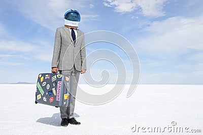 Space Tourist Businessman Traveling on Moon Voyage with Suitcase Stock Photo