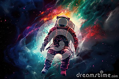 space tourist, with view of colorful nebula, floating through the cosmos Stock Photo