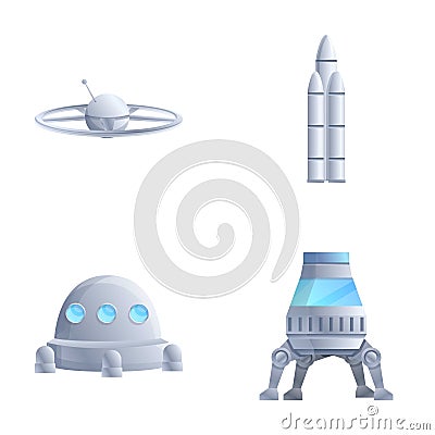 Space transport icons set cartoon vector. Space station ship moon and mars rover Vector Illustration