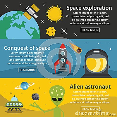 Space travel banner horizontal set, flat style Vector Illustration