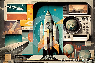 Space travel collage with space rocket, astronaut and planets. Elements of this image furnished by NASA Stock Photo