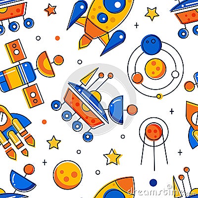 Space Travel Design with Rocket and Planet as Cosmic Exploration Vector Seamless Pattern Template Vector Illustration