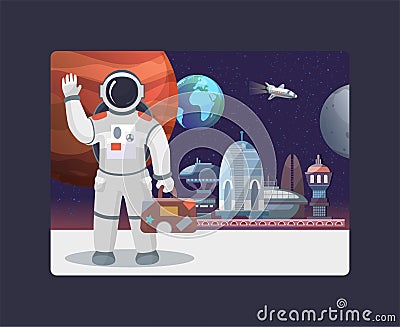 Space travel, galaxy and cosmos, tours to the moon vector illustration. Astronaut with suitecase waving in outer space Vector Illustration