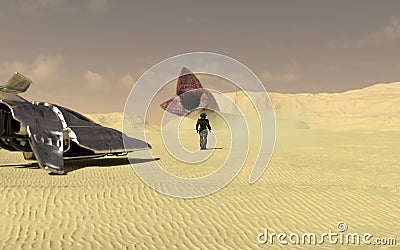 Space traveler exploring a new planet and facing an alien animal Stock Photo