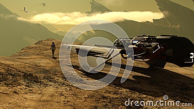 Space traveler exploring a new planet and facing alien flying creatures Stock Photo