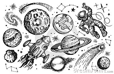 Space trip concept. Galaxy drawing set. Spaceship, astronaut, planets and stars sketch vintage vector illustration Vector Illustration