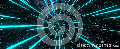 Space tunnel hyperjump background. Futuristic acceleration with 3d render of neon blue warp Stock Photo