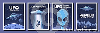 Space UFO posters. Retro alien, flying object and space travel vector Illustration set Vector Illustration