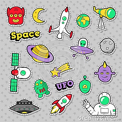 Space, UFO, Robots and Funny Aliens Badges, Stickers and Patches Vector Illustration