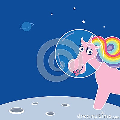 Space unicorn magic astronaut. Animal on white. Pink vector cute cartoon pony with rainbow mane and horn Vector Illustration
