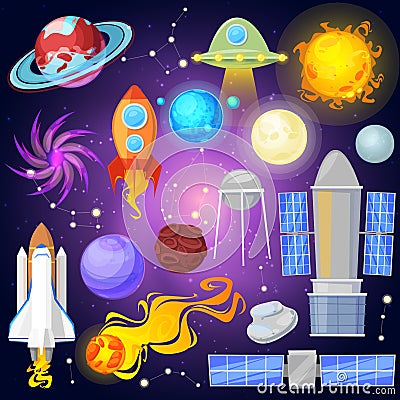 Space vector planets and spaceship in planetary system with mercury venus earth or mars in planetarium and astronomical Vector Illustration