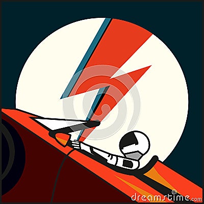 Space vector poster. Starman in space suit red electric car in open space. Hand drawn retro illustration astronaut Vector Illustration