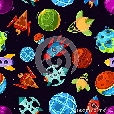 Space vector seamless pattern with spaceships, stars, planet and rockets, childrens fantastic background Vector Illustration