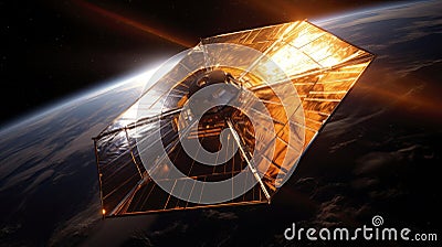 Space view of an innovative solar sailing propulsion spaceship or satellite powered with the radiation pressure of the sun over Stock Photo