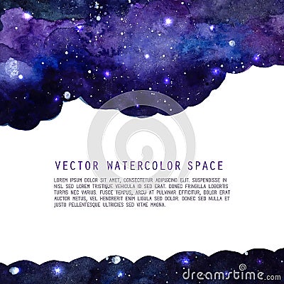 Space watercolor background with stars. Vector layout with copyspace. Vector Illustration