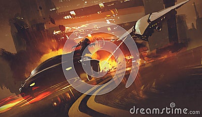 Spacecraft chasing futuristic car on highway, Cartoon Illustration