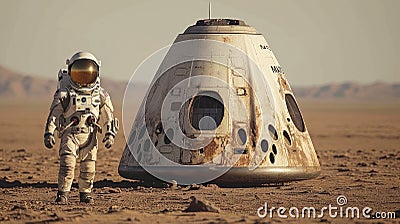 Spacecraft and lone astronaut on Mars surface, scenery of deserted sandy planet. Spaceman walks near Martian spaceship. Concept of Stock Photo