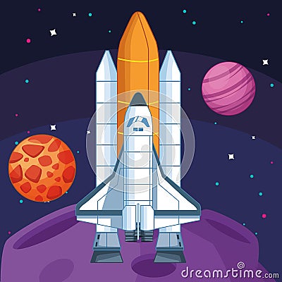 Spacecraft in moon and planets galaxy space exploration Vector Illustration