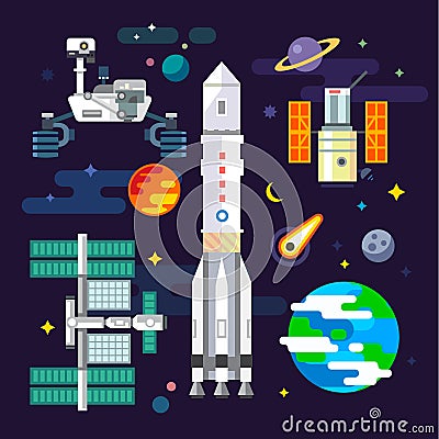 Spacecraft and space industry elements Vector Illustration