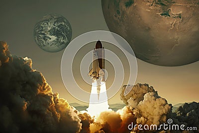 Spacecraft takes off into the sky with the planet Earth and the planet Mars. Rocket flies to the planet. Concept of interplanetary Stock Photo