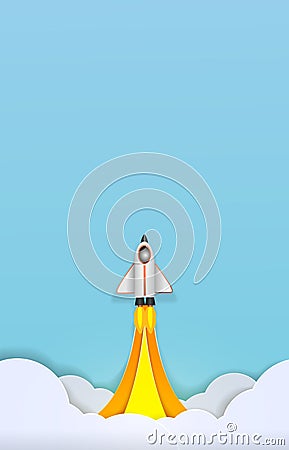 Spacecraft takes off into space paper art cute paper cut Cartoon Illustration