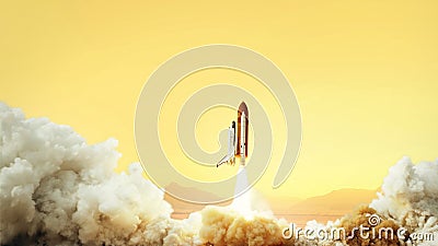 Spacecraft takes off into space on the planet Mars. Journey to the red planet. Rocket takes off in the desert. Stock Photo
