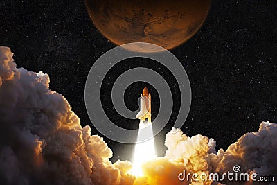 Spacecraft takes off into space. Rocket flies to Mars. Stock Photo
