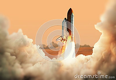 Spacecraft takes off into space. Rocket on the planet Mars Stock Photo