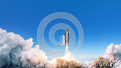 Spacecraft takes off into space. The rocket starts in the blue sky. Travel concept. Stock Photo