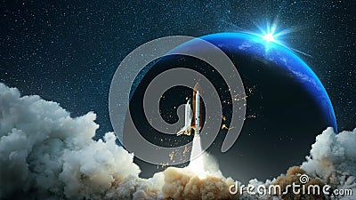 Spacecraft takes off into space. Starry sky and planet Earth with sunset. Space mission. Travels. Rocket flies to the stars. Stock Photo