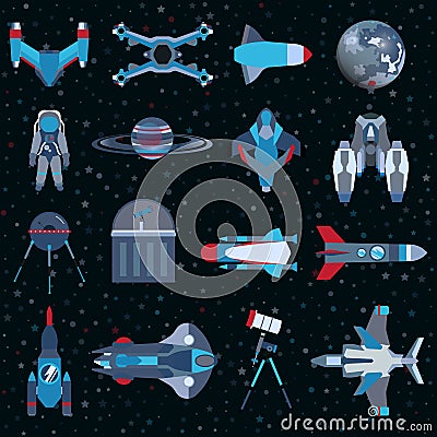Spacecrafts flat icons equipment set. Cosmonaut space suit symbol. Vector spaceship collection Vector Illustration