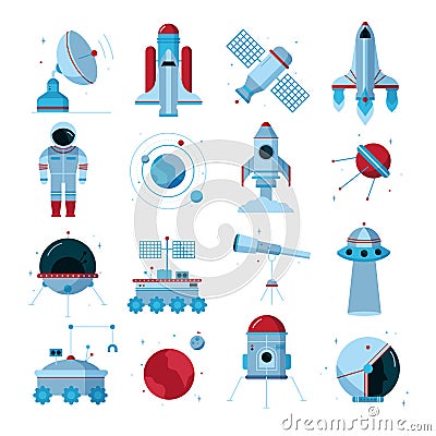 Spacecrafts Instruments Equipment Flat Icons Set Vector Illustration