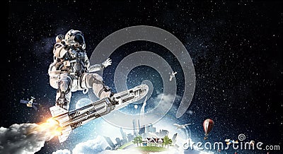 Spaceman on flying board. Mixed media Stock Photo